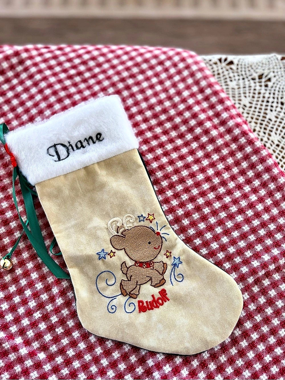 Cute Smaller Handmade Christmas Stocking Personalized Diane Rudolph beige 10 in